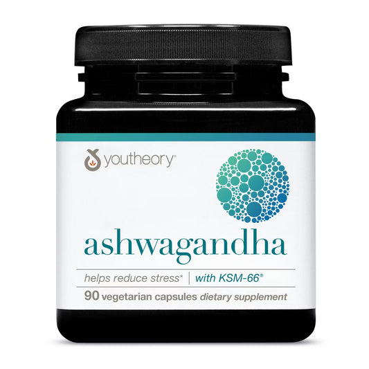 Youtheory Ashwagandha 1,000 mg – Apoyo para el Estrés y el Cortisol con KSM-66® y Jengibre (90 Cápsulas Vegetarianas)